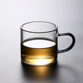 Borosilicate glass teacup with a deep blue handle and clear heat-resistant body - Black Handle