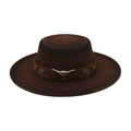 Dark brown felt fedora hat with leather band and metal longhorn cow skull buckle ornament - One Size (M Convex Dome) / Coffee (Brown Bull Head)