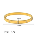 Golden 5mm stainless steel bangle with circular clear crystals and hinge closure - Classic Wide Flat Zirconia Style (HF-B5179-G)