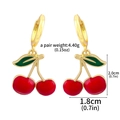 Realistic cherry charm earrings in red enamel and gold metal with size measurements - E00212-06 Red Enamel Cherry Earrings