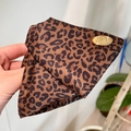 Leopard print bow hair clip with gold metal tag in amber brown and black tones - Dark Leopard Triangle Claw Clip