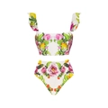 Detailed view of white floral high waist bikini set with lemon print and ruffled straps - S / Bikini (2-Piece Set)