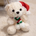 White plush teddy bear with red Christmas hat and striped scarf holiday gift toy - White Christmas Hat Bear