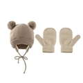 Cozy beige knitted baby hat with dual pom-poms and matching earflaps with mittens set - Set / Khaki