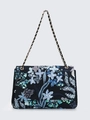 Elegant black shoulder bag with blue floral sequins and a golden chain woven strap - Teal