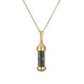 Close-up of golden capsule perfume bottle pendant with black crushed stones on chain - Gold Black Agate