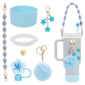 Detailed set of blue floral accessories including straw cover and keychain for tumbler - 7-Piece Set 6-Blue Plush Ball