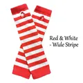 Detail showing red and white wide striped knitted fingerless gloves with thumb hole - Red and White Wide Stripes