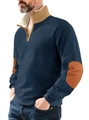 Navy blue half-zip sweatshirt with khaki stand collar and caramel faux suede elbow patches - S / Navy Blue