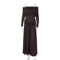Detailed close-up of dark brown off-shoulder ruched dress with long sleeves - Coffee
