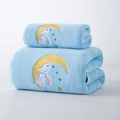 Close-up of light blue coral fleece towel set with embroidered sleeping moon rabbit - Sleeping Rabbit Aqua Blue