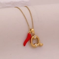 Gold necklace featuring red enamel chili pepper and sparkling zircon letter Q pendants - Letter Q(Q)