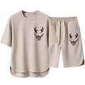 Men's summer casual two-piece sport set with t-shirt and shorts featuring face print - M / Khaki