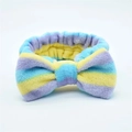 Colorful striped coral fleece bow headband for face washing with soft plush texture - Purple Blue Yellow Striped