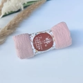 Pink pleated cotton viscose scarf with floral paper seal on a light blue background - Style #43