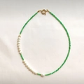 Detail of beaded necklace featuring green cat eye stones and white baroque pearls - Pearl Green Cat's Eye Necklace 43cm