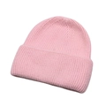 Winter plush pink knit beanie hat with thick vertical ribbed texture and wide folded cuff - One Size / Pink