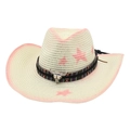 Detail of straw cowboy hat featuring pink stars, ethnic band and metal bull skull - One Size (Gradient Star) / Pink with Wind Rope (Colorful Bull)
