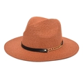Detail of rust red wide brim straw sun hat with black band and gold chain decoration - M (56-58cm) / Caramel color