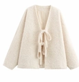 Chic beige plush knit cardigan with waist tie closure in a soft faux fur style - S / Off-white