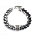 Detail of bohemian layered bracelet with black beads, woven chain and vintage T-bar clasp - Full Black Matte Stone (113405)