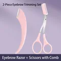 Pink 2-piece eyebrow grooming set featuring a razor and scissors with a comb attachment - Eyebrow Scissors + Razor 2-Piece Set