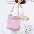 Pink corduroy tote bag with large capacity and stylish white patch for casual use - Pink