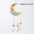 Golden moon sun catcher with colorful crystals and prism pendants on white background - Colorful Crystal Pebble Moon Wind Chime Pendant