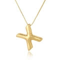 Close-up of golden X letter pendant with balloon effect and fine cross chain on white background - Letter X / Gold