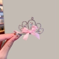 Sparkling silver crown hair clip with a pink silk bow and rhinestones for young girls - Crown Five Water Drops Style 11