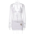 Detail of white three-piece set with mesh cover-up and ruched mini skirt on mannequin - S / White