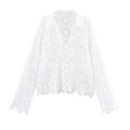 Elegante camicia in pizzo bianco a maniche lunghe con colletto polo e orlo a onde - XS / Bianco