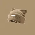 Cute brown cat ear faux mink fur beanie with fluffy texture and metal brand plaque - Khaki