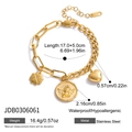 Detailed view of 18K gold stainless steel bracelet with angel coin and heart charms - Gold Clover Heart Angel Pendant Bracelet (JDB0306061)