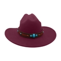 Classic burgundy felt cowboy hat with wide brim and turquoise studded leather band - One Size / Burgundy