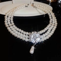 Three-layer pearl necklace with sparkling clover rhinestone pendant and teardrop drop - Three-layer Pearl Clover Rhinestone Pendant (37#)