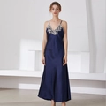 Navy blue satin nightgown for women featuring elegant white lace V-neckline details - M / Navy Blue