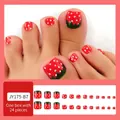 Red strawberry theme press-on toenails with white dots and green leaf design, 24 pieces - JY175-B7 Sweet Cool Strawberry Red