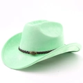 Detail of mint green suede cowboy hat with braided leather band and bull metal emblem - M(56-58cm) / Fruit Green