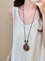 Detail of wooden bead pendant necklace with metal leaf charm on vintage wax cord - Coffee Leaf Style (16#)