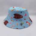 Detailed top view of light blue bucket hat with forest animal patterns and stitching - Light Blue Forest Animals