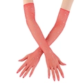 Close-up of long red fishnet gloves with sparkling rhinestones on an elastic mesh fabric - Red