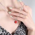 French vintage style silver rope chain necklace with a round red turquoise pendant - Steel Color Red Turquoise Necklace / 50cm