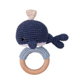 Handmade crochet baby rattle with a dark blue whale design and natural wooden ring - Whale
