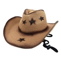 Retro cowboy straw hat with wide brim, star prints, and adjustable chin strap - M(56-58cm) / Khaki