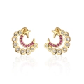 Detail of 18K gold C-shape crescent and star stud earrings with pink and clear zircons - Moon Star-Pink Zirconia (41928) / Gold/Pink Stone