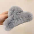 Close-up of fluffy grey faux rabbit fur claw clip showcasing soft plush texture and large size - Small (13cm) / Gray
