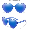 Blue heart-shaped sunglasses with blue mirrored lenses shown in front and side views - Blue Frame Blue Mirror Lens