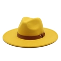 Detail of bright yellow wool fedora hat with a brown leather band and metal rivets - M (56-58cm) / Yellow