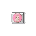 Close-up of silver modular stainless steel bracelet link with pink enamel rabbit charm - Rabbit Design (Y41) / White
